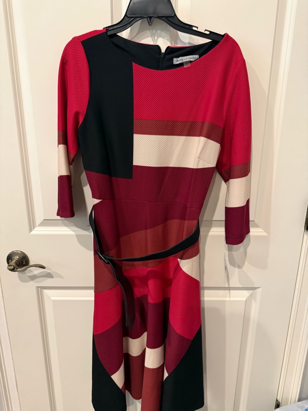 NWT Danny & Nicole Striped Fit-and-Flare Midi Dress in Red, Cream, Black, 12P